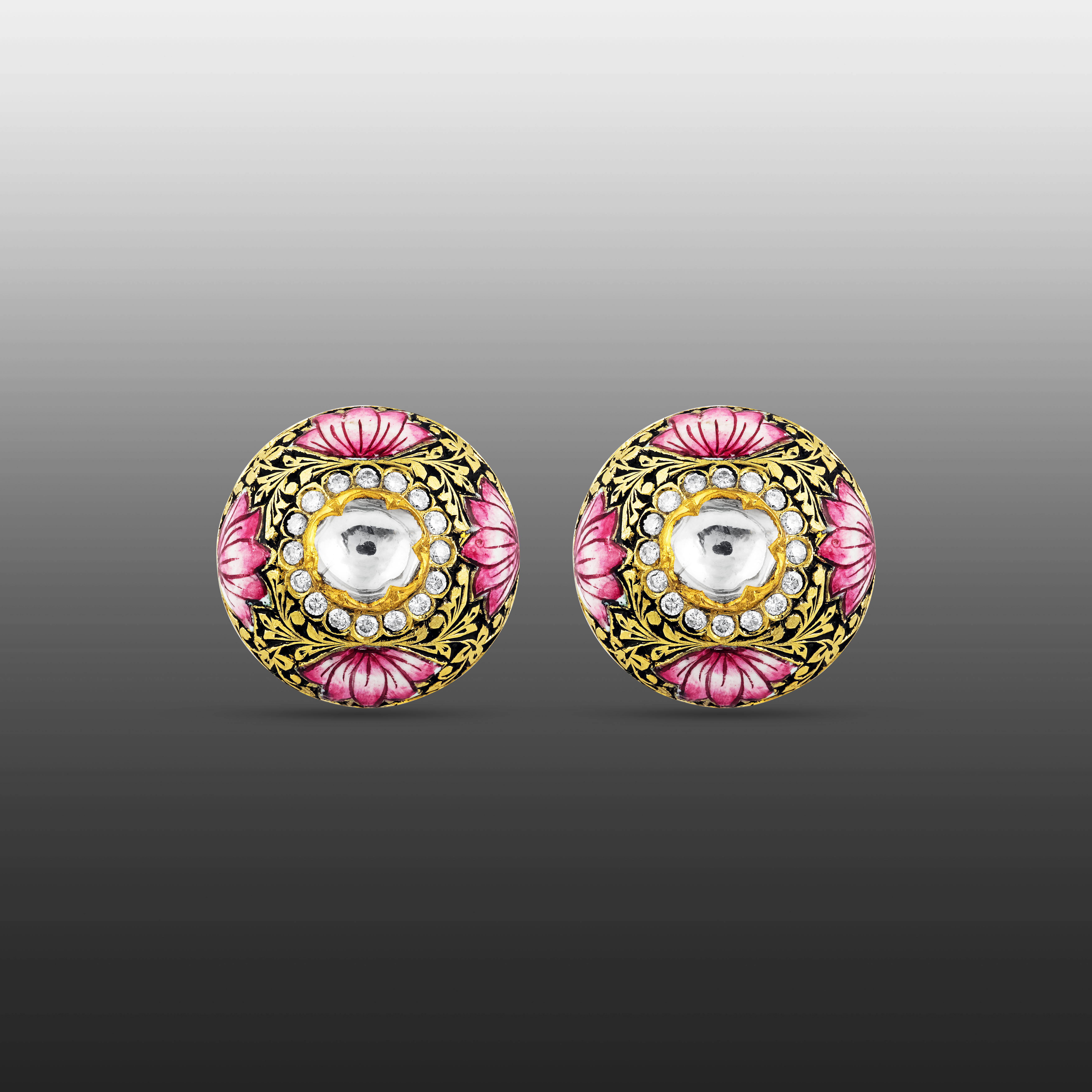 Partash Studs with Polki, Full-Cut Diamonds, and Lotus Enamel